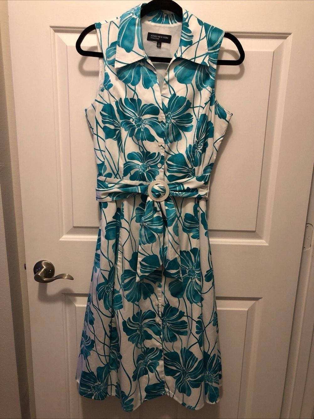 Jones New York Midi Teal and White Floral Button-Up Dress. Size 6 NWOT.